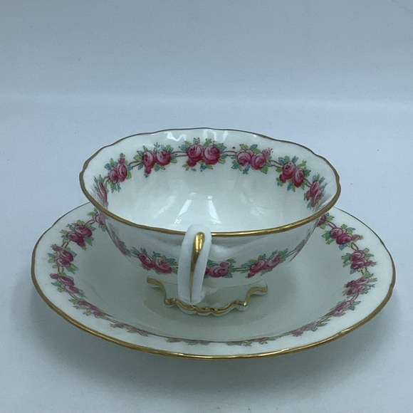Antique Cauldon England Rose Border Gold Trim Footed China Teacup and Saucer - Picture 4 of 10
